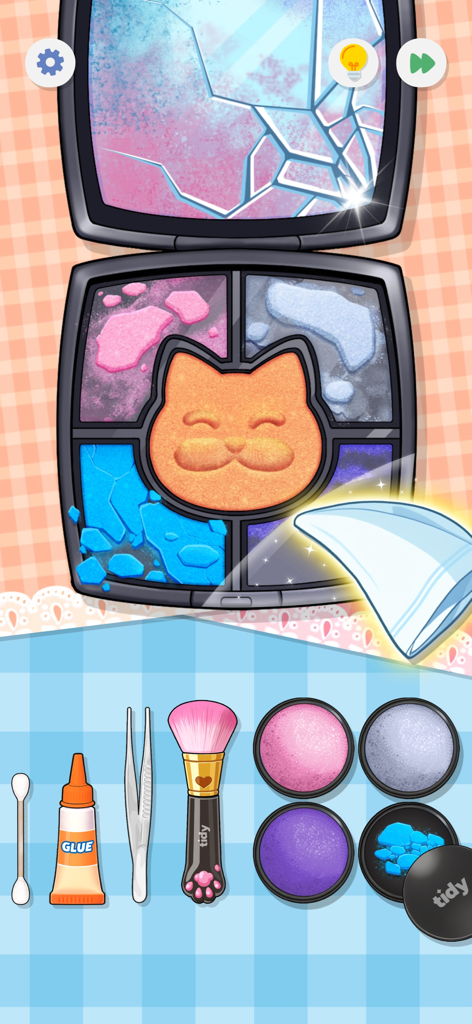 SatisPuzzle: Perfect Tidy - Jogabilidade satisfatória de reparo de maquiagem com uma paleta de sombras em formato de gato e ferramentas de limpeza