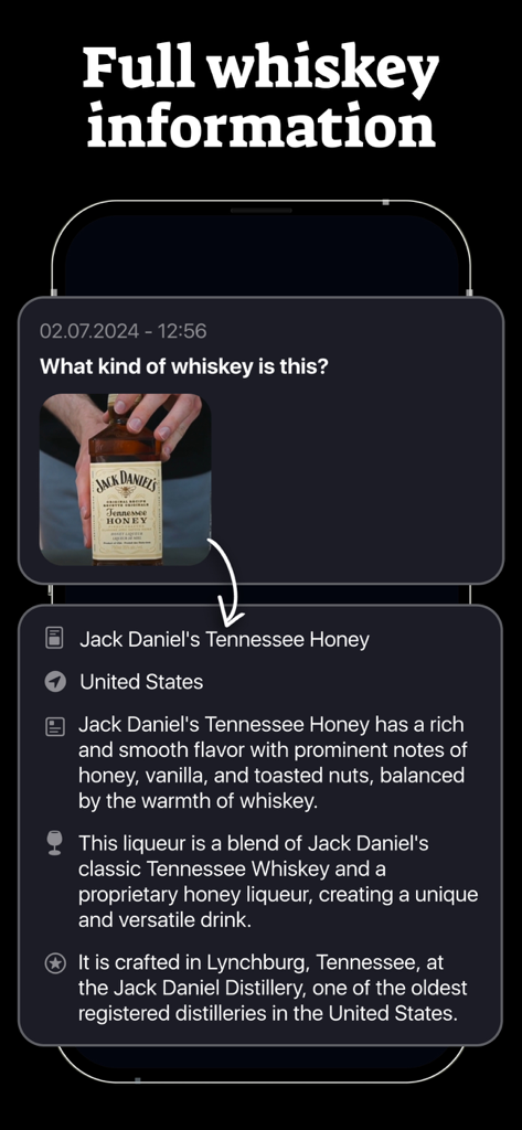 Whiskey ID app showing scan results for a bottle including origin and flavor notes