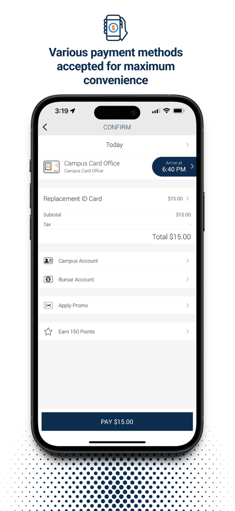 Transact Mobile Ordering - Transact Mobile Ordering confirmation screen showing campus payment options and total cost for a replacement ID card.