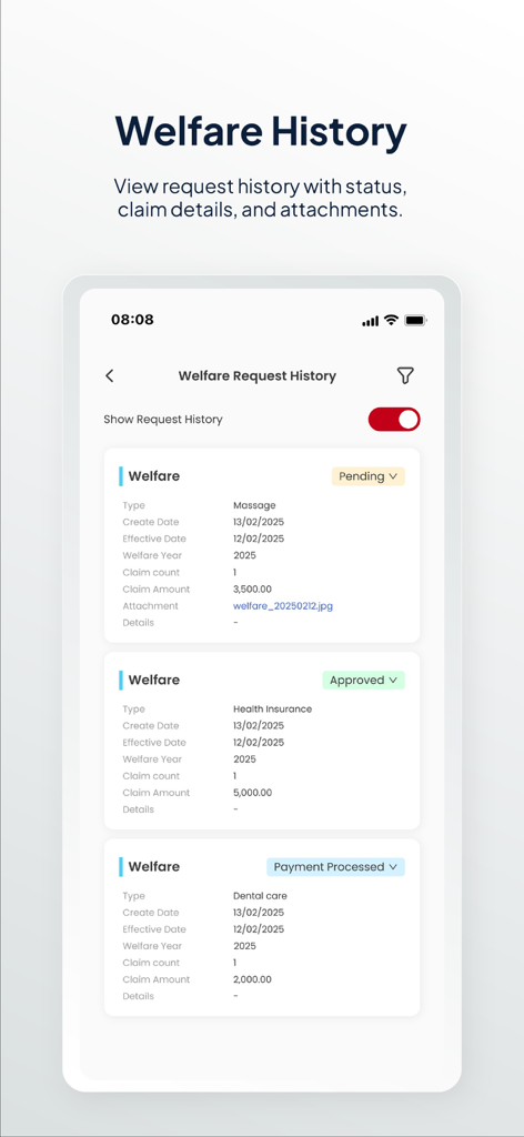 Tiger OpenSpace - Tiger OpenSpace welfare request history screen displaying claim statuses like pending and approved.