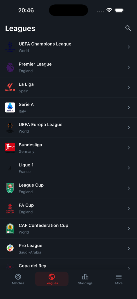Yacine TV app interface showing a list of international soccer leagues like Champions League and Premier League in dark mode.