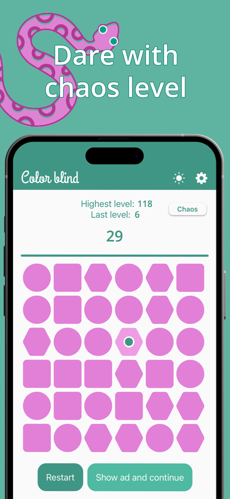 Color blind - Color game - Interface du niveau chaos du jeu Color blind montrant une grille de formes géométriques roses