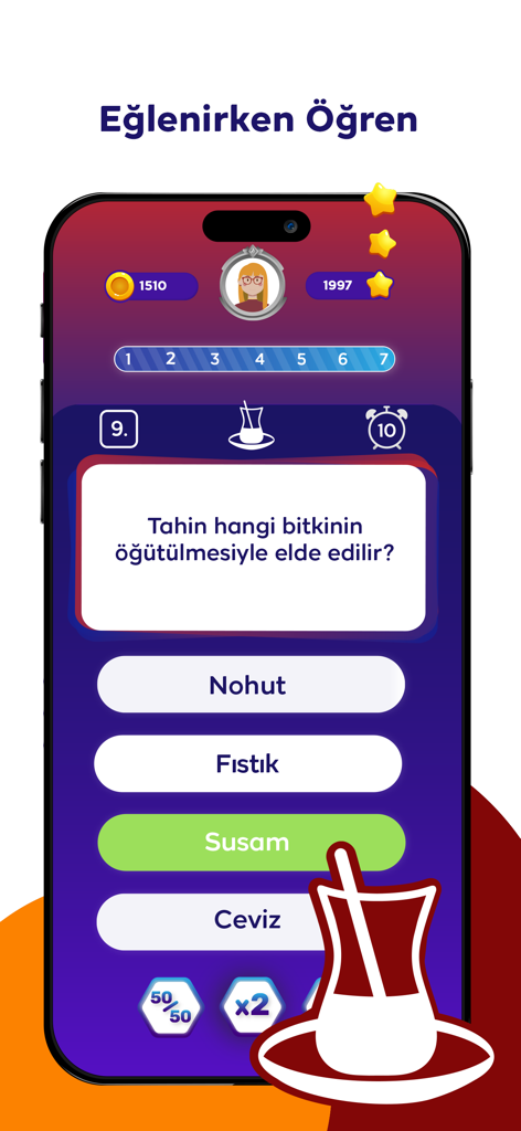Captura de pantalla de la aplicación TRT Bil Bakalim que muestra una pregunta de trivia turca sobre tahini con respuestas de opción múltiple.