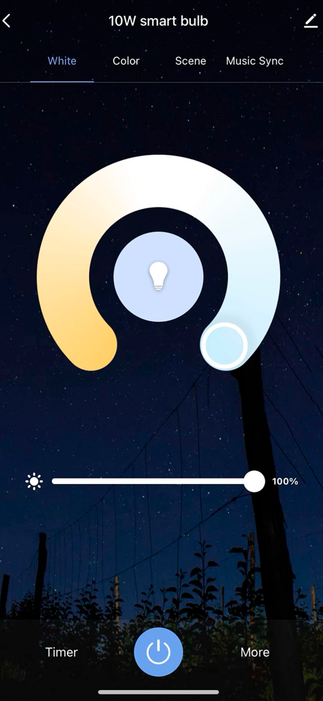 Neo Avant - Interface do aplicativo Neo Avant mostrando configurações de temperatura de cor e brilho para uma lâmpada inteligente.