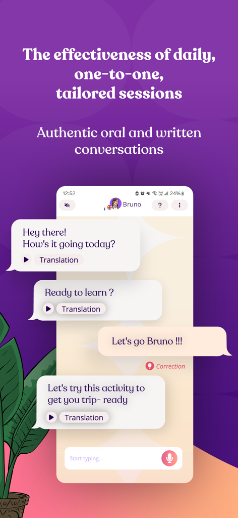 Aimigo Language Coach - Aimigo Language Coach App-Oberfläche, die einen Chat mit einem KI-Tutor für personalisiertes Sprachenlernen zeigt