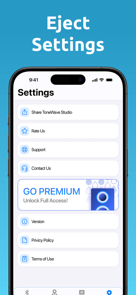 Clear Wave ‒ Water Eject - The settings menu of the Clear Wave Water Eject app on an iPhone showing options for support and premium subscription.