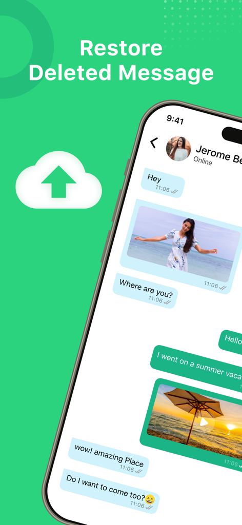 Interfaz móvil de la aplicación WhatisRemoved para restaurar mensajes y multimedia eliminados de WhatsApp