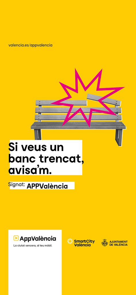 Tela promocional do AppValència mostrando um banco quebrado com um chamado à ação para relatar problemas de infraestrutura da cidade