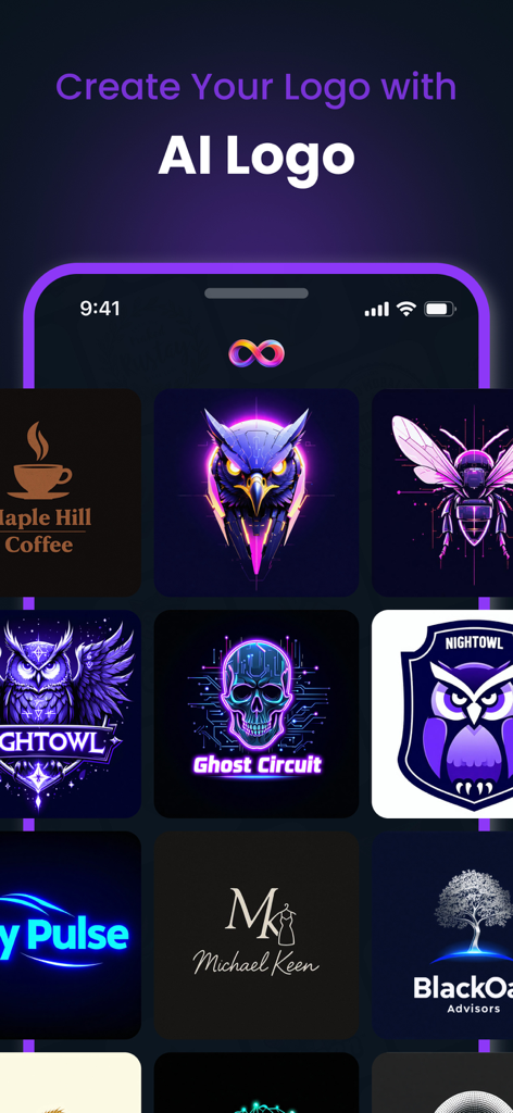Eine mobile App-Oberfläche, die ein Raster mit verschiedenen KI-generierten Logo-Designs zeigt, darunter Neon-Maskottchen, minimalistische Typografie und Firmensymbole