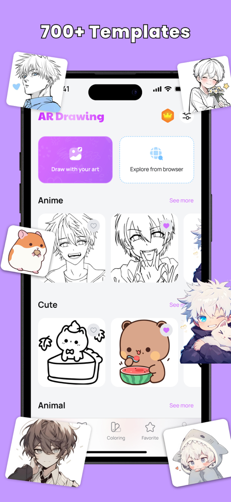 Draw Easy: Learn How To Draw - Draw Easy app interface displaying over 700 anime and cute character templates for sketching