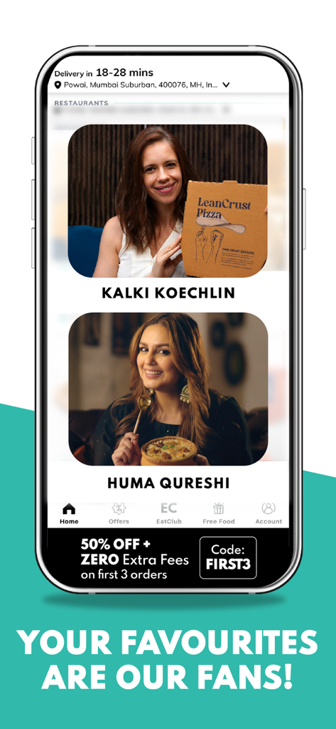 EatClub: Food Delivery App - Schermata dell'app mobile EatClub che mostra approvazioni di celebrità e offerte promozionali per i nuovi utenti.