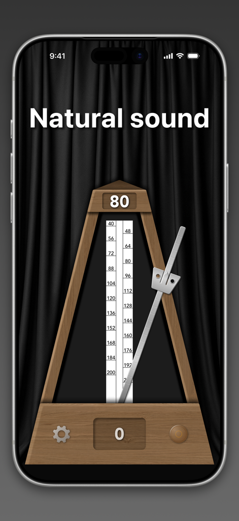 True Metronome Lite - Screenshot of True Metronome Lite app showing a realistic wooden mechanical metronome on an iPhone.