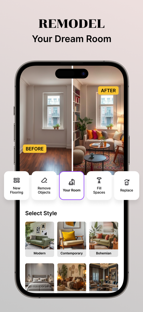 AI Home Decor: Interior Design - Comparación de antes y después de una remodelación de habitación usando la aplicación de diseño de interiores Decoración del Hogar con IA.