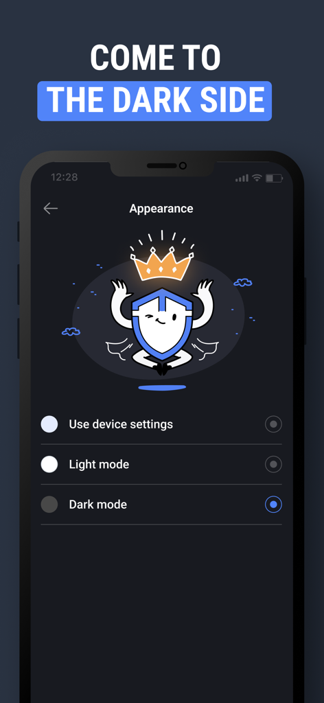 TipTop VPN app appearance settings screen showing options for light mode and dark mode