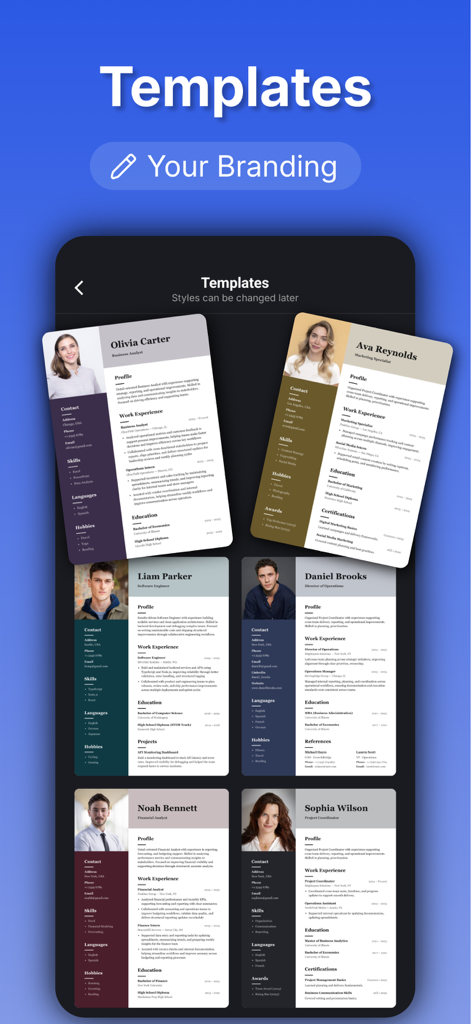 Resume Builder – Job CV Maker - Una variedad de plantillas de currículum profesionales disponibles en la aplicación Resume Builder.