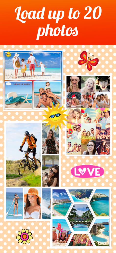 Photo Collage Maker & Creator - A collection of various photo collage styles and stickers including travel, family, and adventure themes.