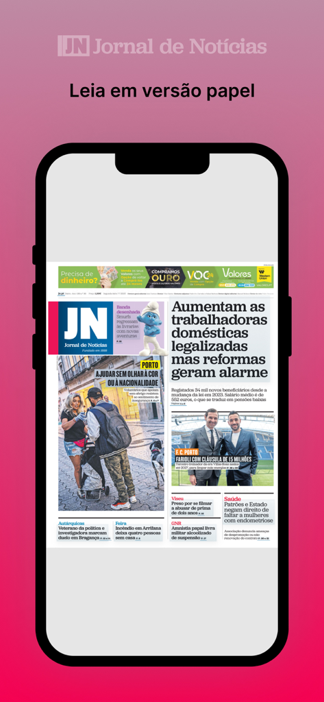 La aplicación Jornal de Noticias mostrando la edición impresa digital del periódico en un smartphone