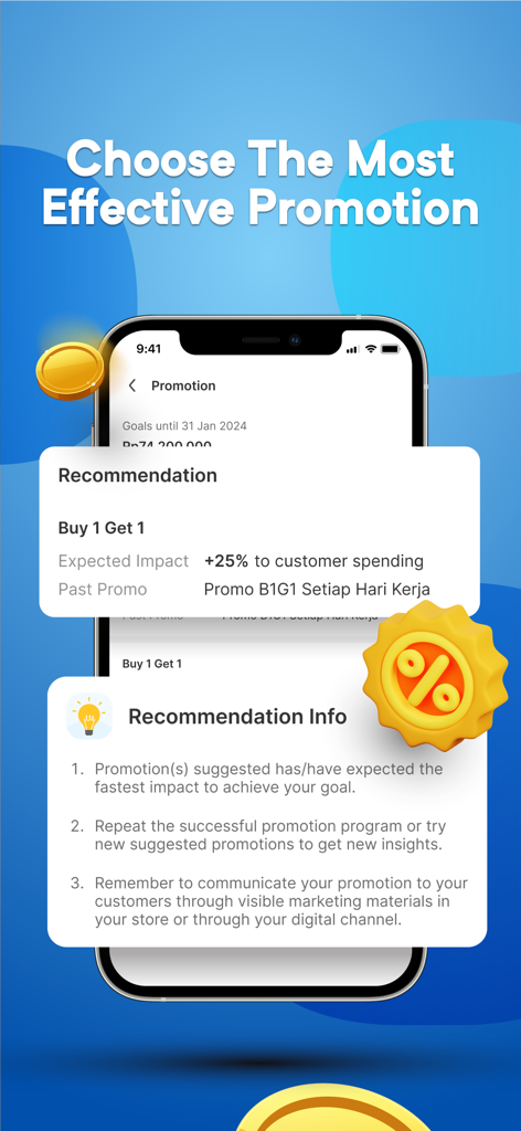 OLIN by ESB - Mobile app screen for OLIN by ESB showing AI recommendations for effective restaurant promotions with expected sales impact
