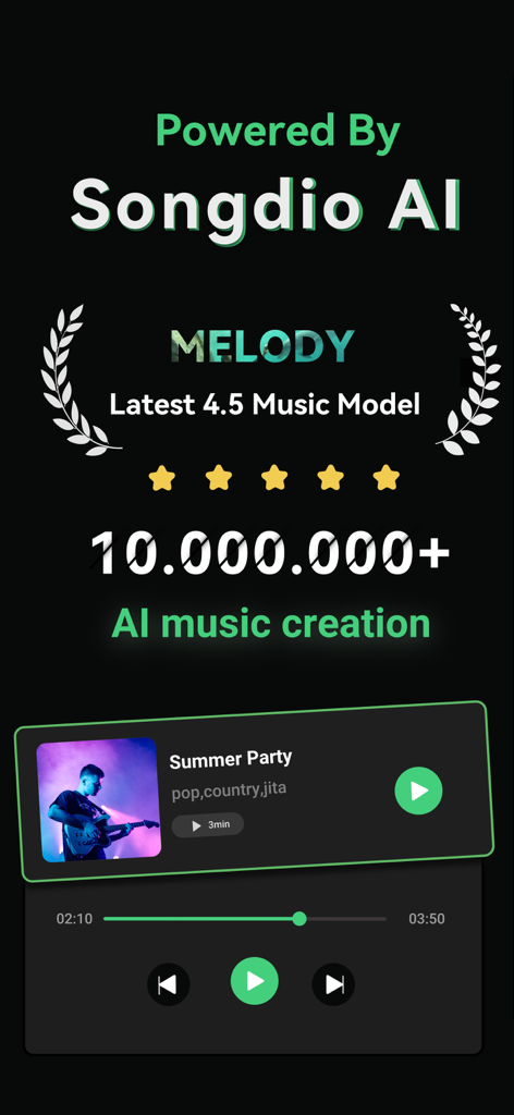 Songdio - AI Music Video Maker - Songdio KI-Musikgenerator-Oberfläche, die über 10 Millionen Kreationen und einen aktiven Musikplayer zeigt