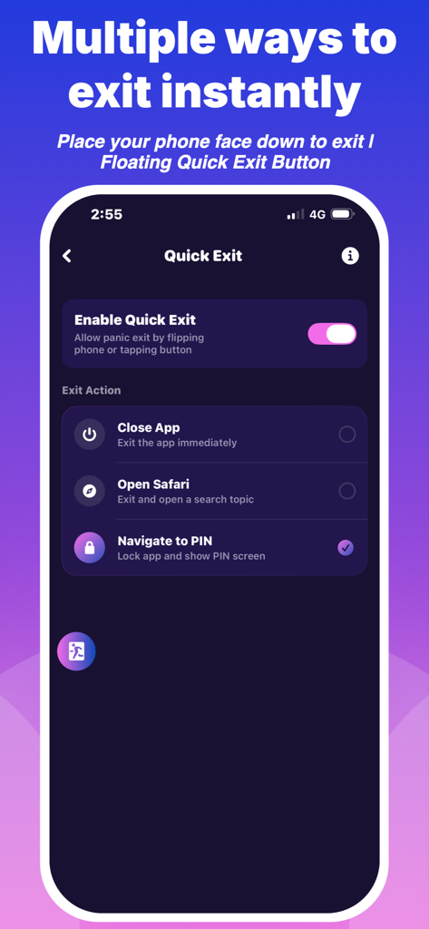 Private Photo & Video Lock - Quick Exit settings screen showing options to close the app open Safari or navigate to PIN