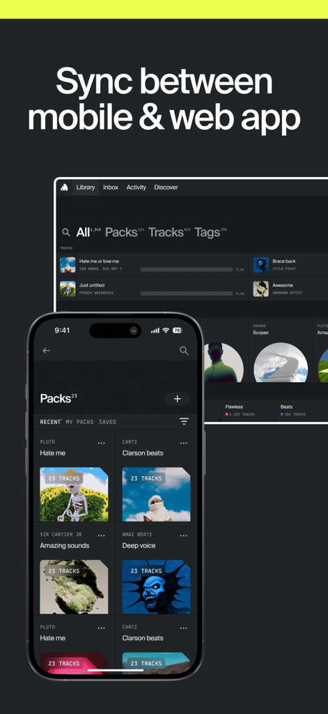 Offtop - Music Studio - Sync between mobile and web app interface showing music packs and tracks
