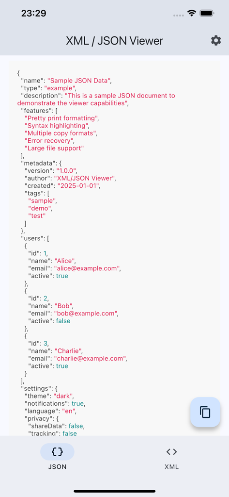XML / JSON Viewer - Screenshot of the XML JSON Viewer app displaying a formatted JSON file with syntax highlighting on an iPhone
