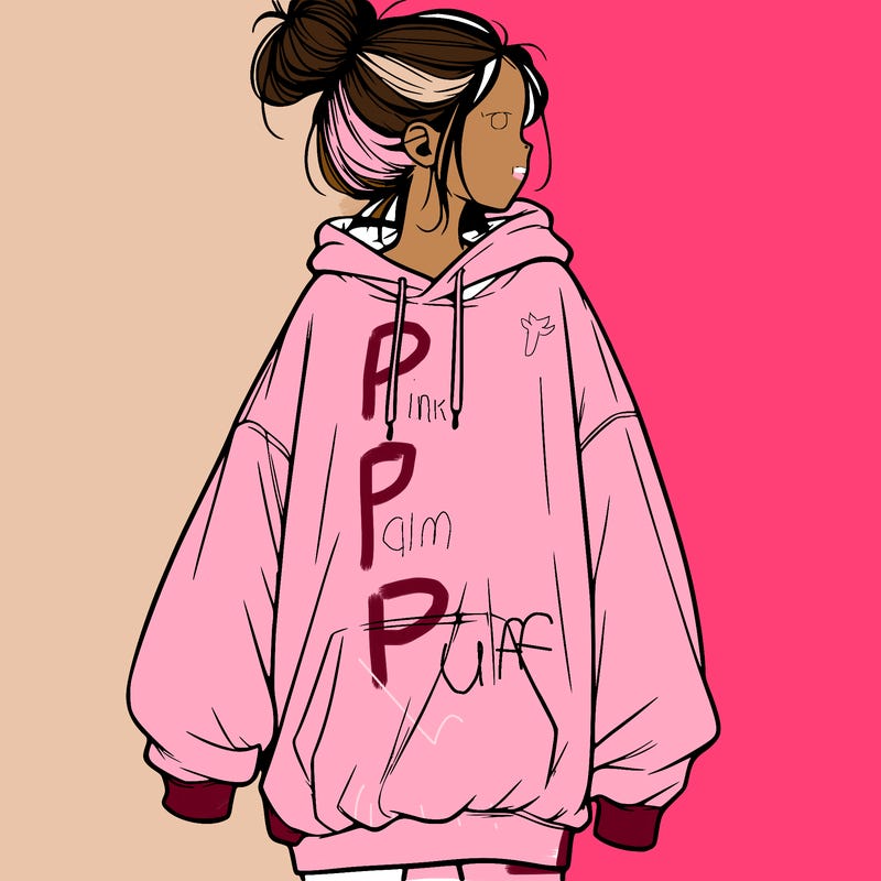 realistic girl with a oversized sweatshirt on and a bun