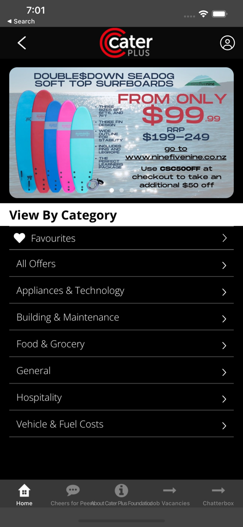 Cater Plus - Cater Plus 앱 홈 화면, 프로모션 서핑보드 제안 및 음식, 환대와 같은 쇼핑 카테고리 표시