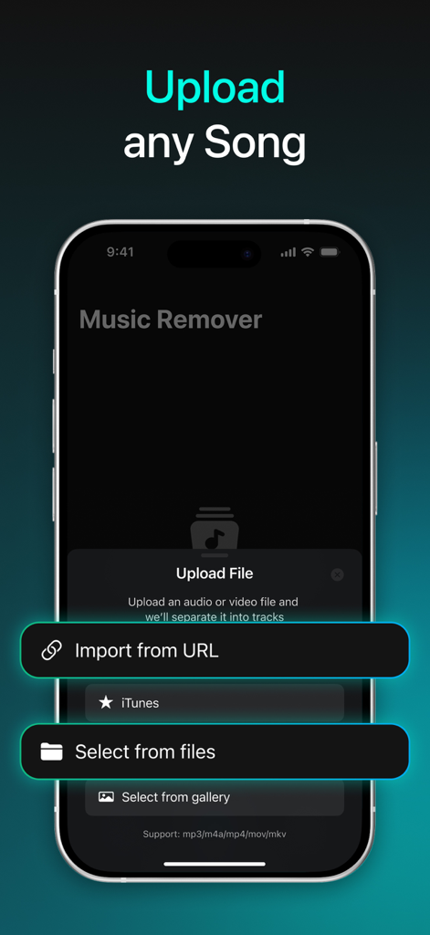 Interface of the VoxOff app for uploading songs via URL or file selection.