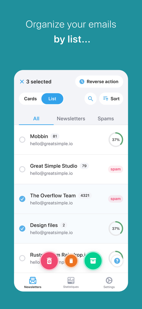 Interface montrant Cleanfox organisant les e-mails par liste de newsletters pour un nettoyage facile