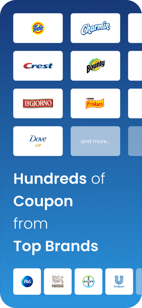 A display of top brand logos like Tide and Dove offering coupons on the Coupon24 app