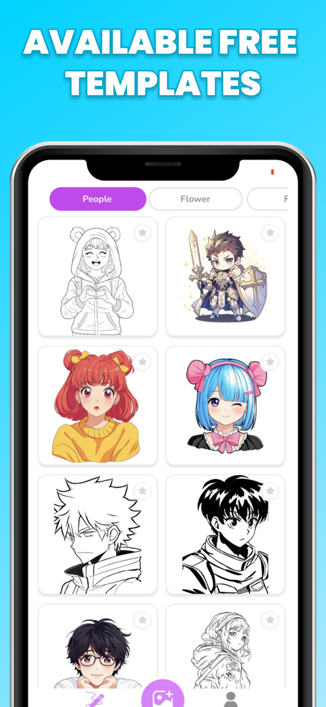 A smartphone screen displaying a library of various free anime drawing templates and sketches
