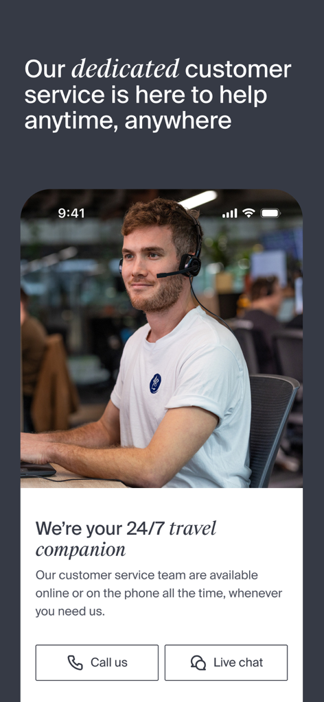 Luxury Escapes: Travel Deals - Luxury Escapes app screen showing 24/7 customer support with call and live chat buttons