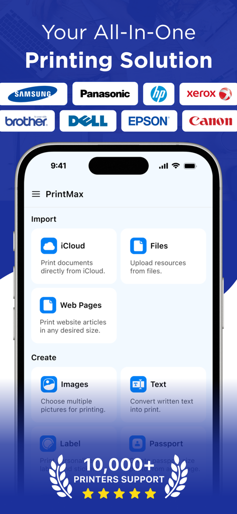Smart Printer App: iPrint Scan - PrintMax app home screen showing import and create options with various supported printer brand logos
