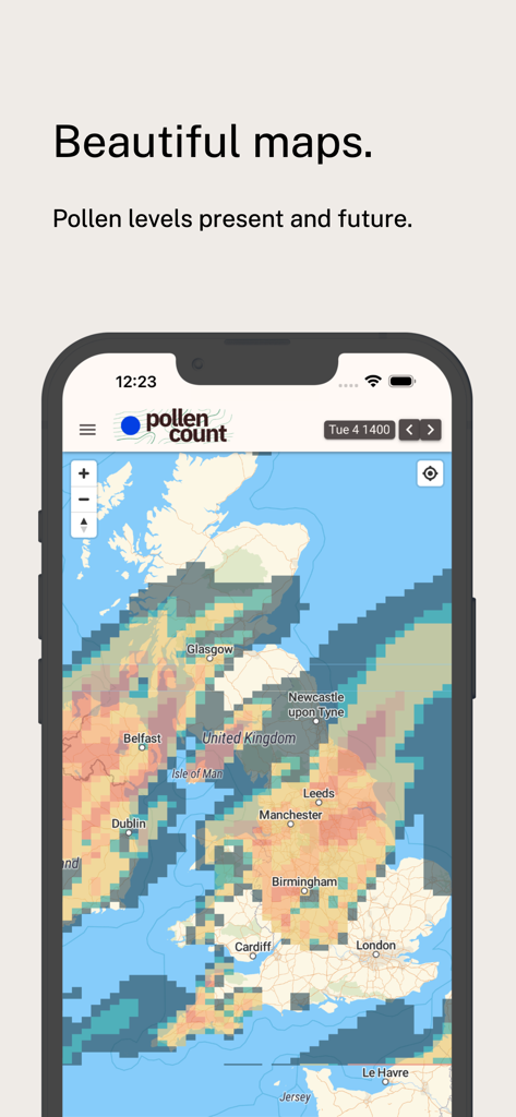 Pollen Count UK - Heat map displaying UK pollen levels in the Pollen Count app