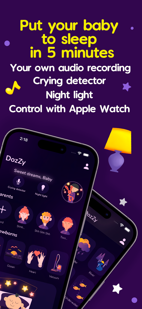 DozZy app interface displaying baby sleep features like crying detector night light and custom white noise recordings