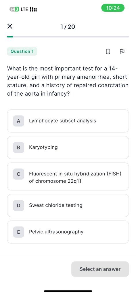 MEDGPTx - Una aplicación de educación médica que muestra una pregunta de opción múltiple para la preparación de exámenes