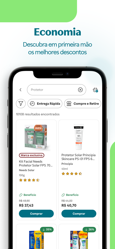 Raia - Farmácia 24 horas - Raia app search screen showing skincare products with discount prices and delivery options