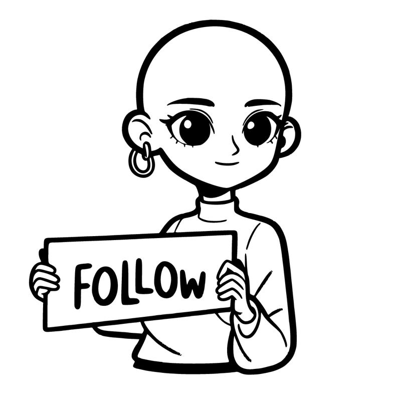 bald asian female holding up a sign says follow me