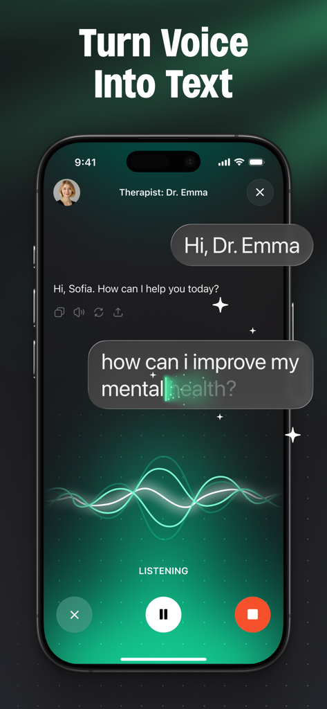 Écran d'application mobile montrant la fonction voix-texte du chatbot IA ChatGO avec un assistant IA et une forme d'onde audio.