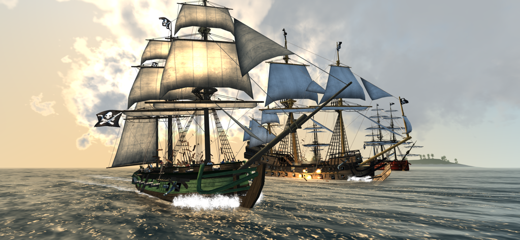 The Pirate: Caribbean Hunt - A group of pirate ships with black sails engaged in a naval battle on the ocean at sunset