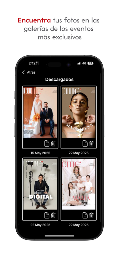 Chic Magazine ePaper - Chic Magazine app screen showing a collection of downloaded magazine covers and social event galleries.
