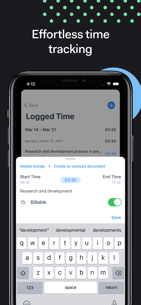 Teamwork mobile app interface showing effortless time tracking and billable hours