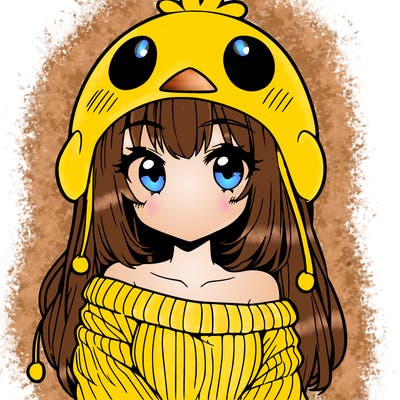 anime girl with chick shaped hat with sweater with bare shoulders with bangs covering them one eye with low tail
