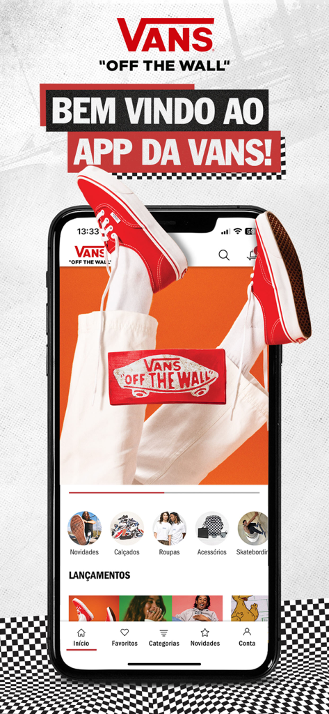 Vans - Uno smartphone che mostra la schermata principale dell'app mobile Vans con sneaker rosse e categorie di shopping