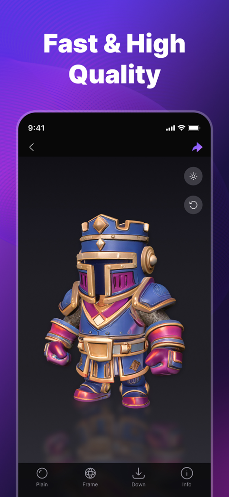 Tripo AI - 3D Model Generator - A high quality 3D knight model rendered in the Tripo AI app interface