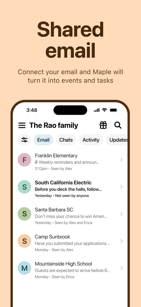 Maple Family Organizer - Screenshot of Maple app showing a shared family email inbox with messages from school and sports organized for easy household management