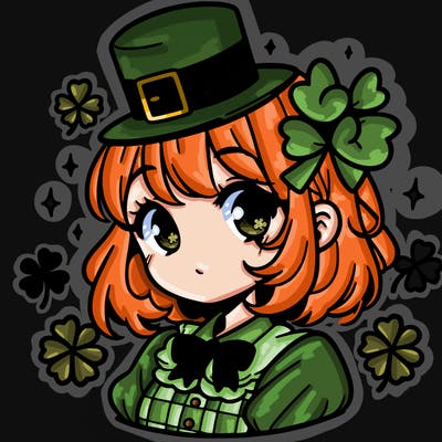 a manga-style girl with clovers around her, a little hat in her hair, like it's saint patrick's day
