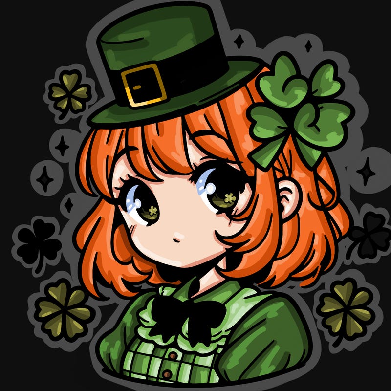 a manga-style girl with clovers around her, a little hat in her hair, like it's saint patrick's day
