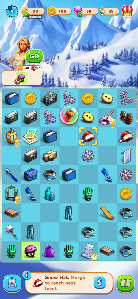 Summer Love: Merge & Story - A winter-themed merge puzzle board in Summer Love game featuring items like snow hats, skis, and goggles.